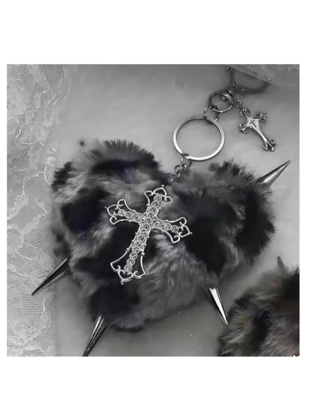 Gothic Punk Plush Heart Keychain with Cross Charm Lobster Clasp Faux Fur